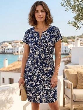 Cherie Bliss Navy White Floral Zip-Front Shift Dress Mediterranean Coastal Boho